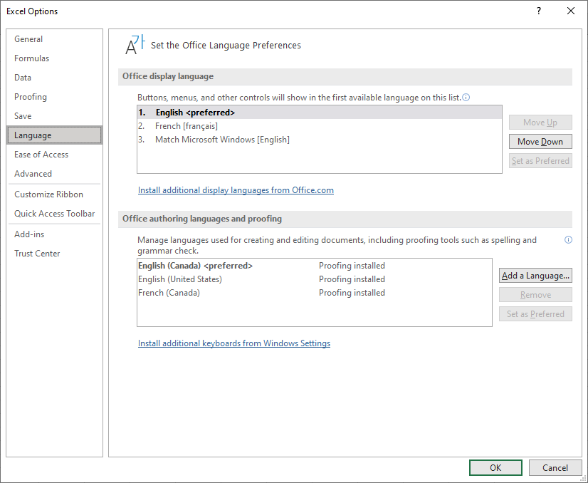 Language Panel Excel Excel Add-in