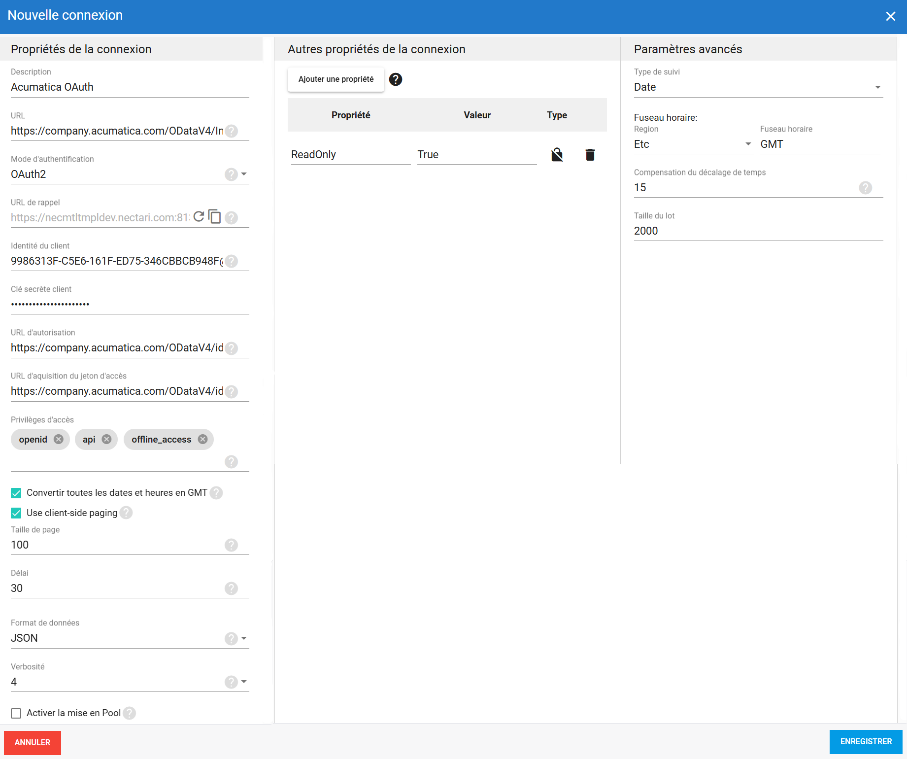 Connexion source Acumatica avec authentification OAuth 2.0 dans DataSync