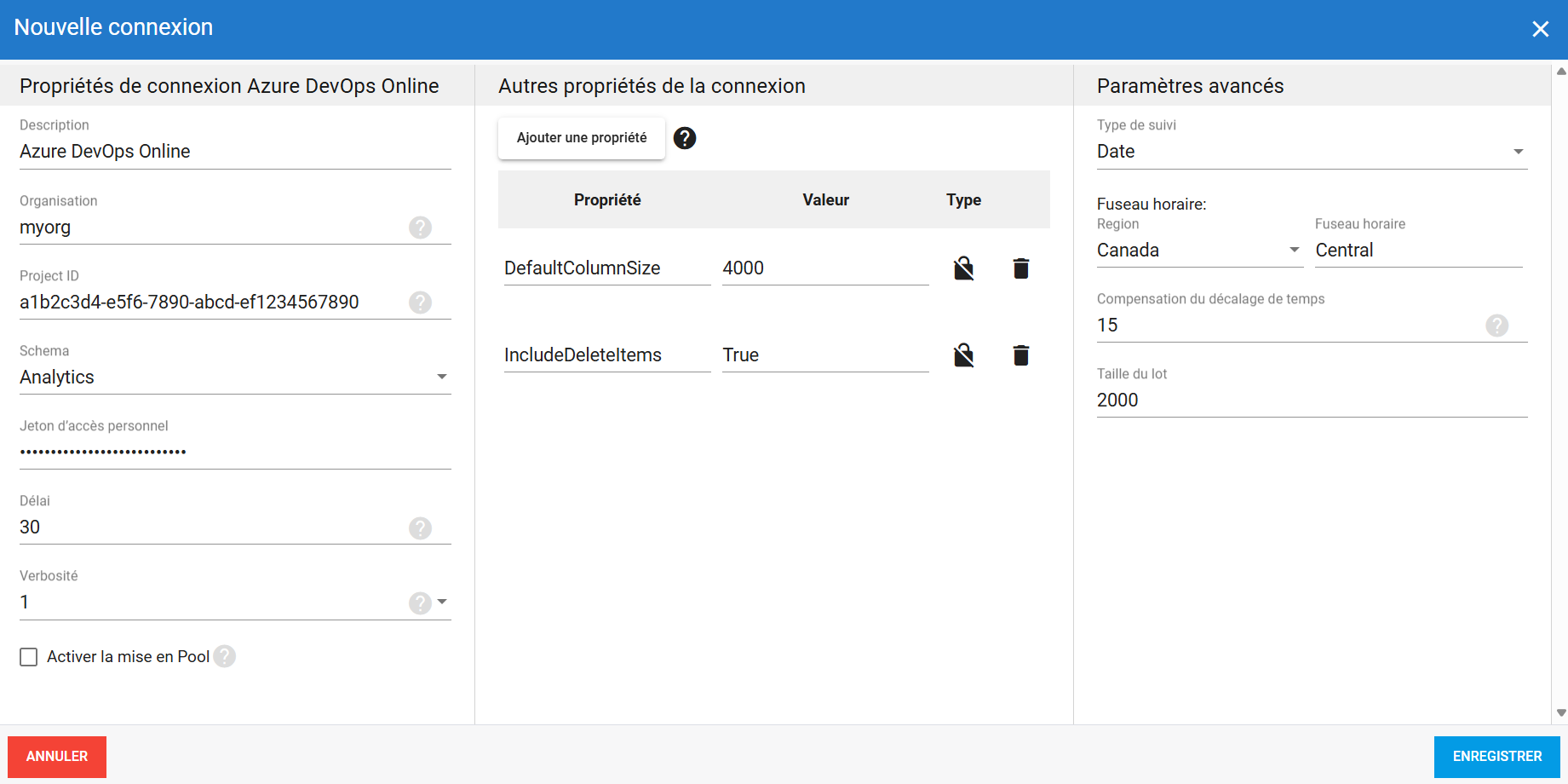 Connexion source Azure DevOps Online dans DataSync