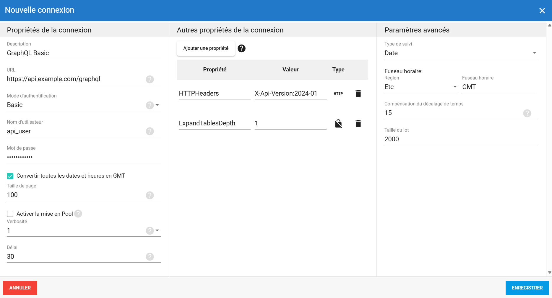 Connexion source GraphQL avec authentification Basic dans DataSync
