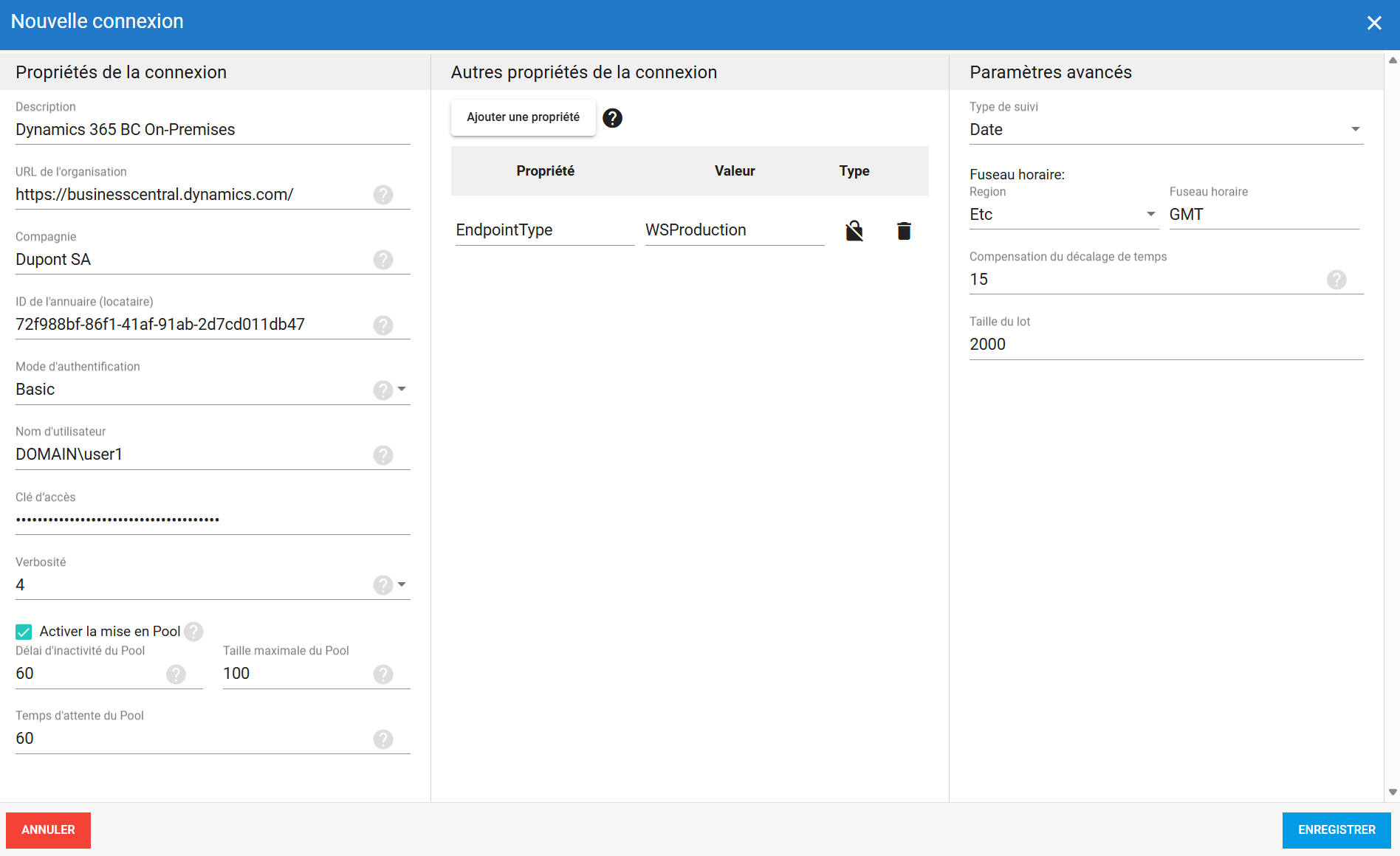 Connexion source MS Dynamics 365 BC avec authentification Basic dans DataSync