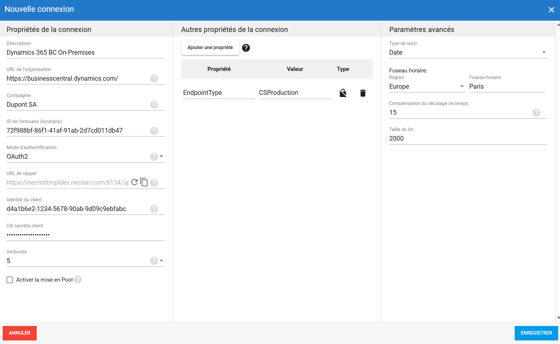 Connexion source MS Dynamics 365 BC avec authentification OAuth 2.0 dans DataSync