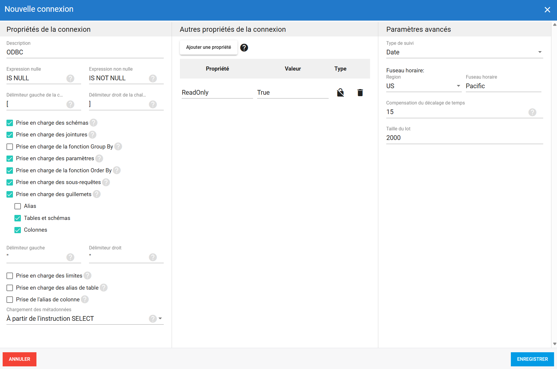 Connexion source ODBC dans DataSync