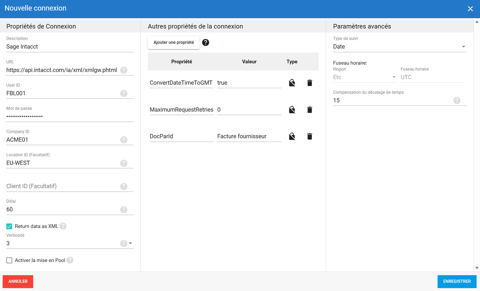 Connexion source Sage Intacct dans DataSync