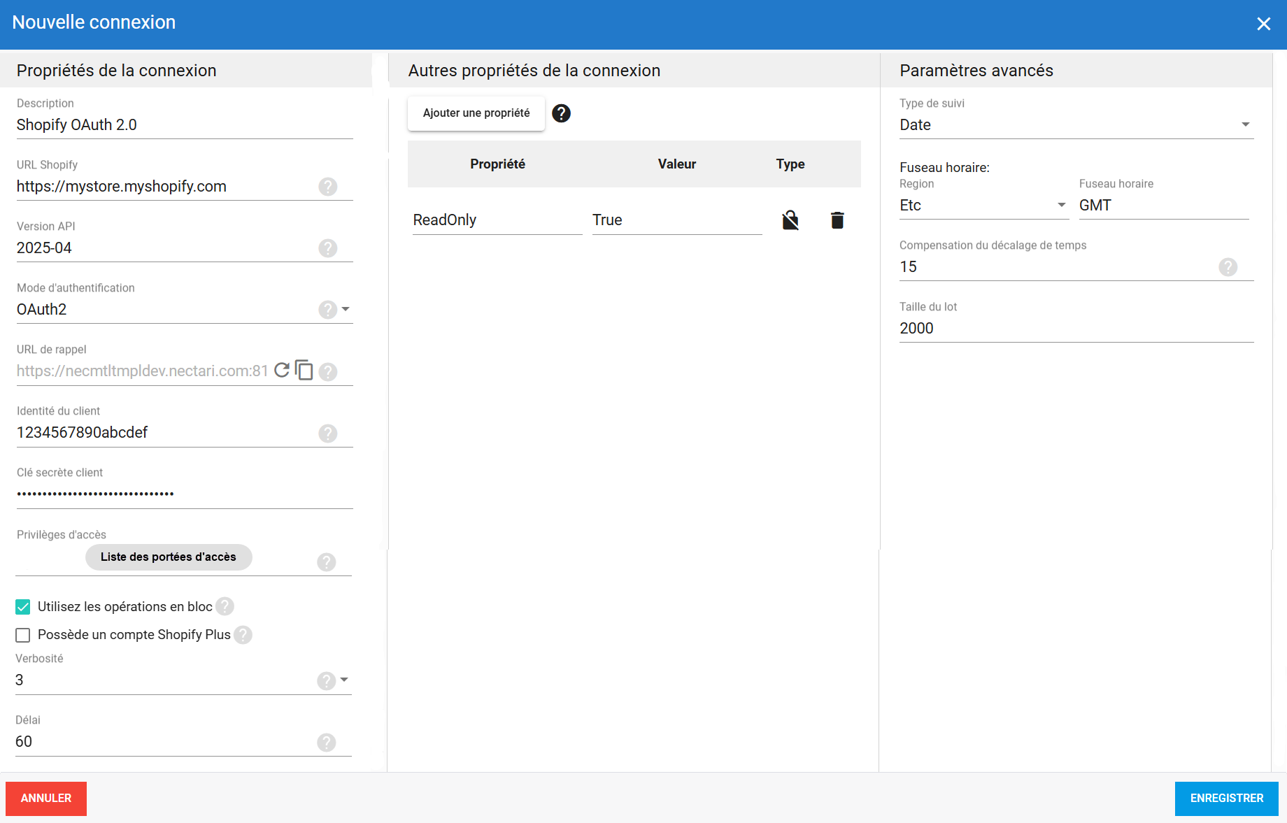 Connexion source Shopify avec OAuth 2.0 dans DataSync