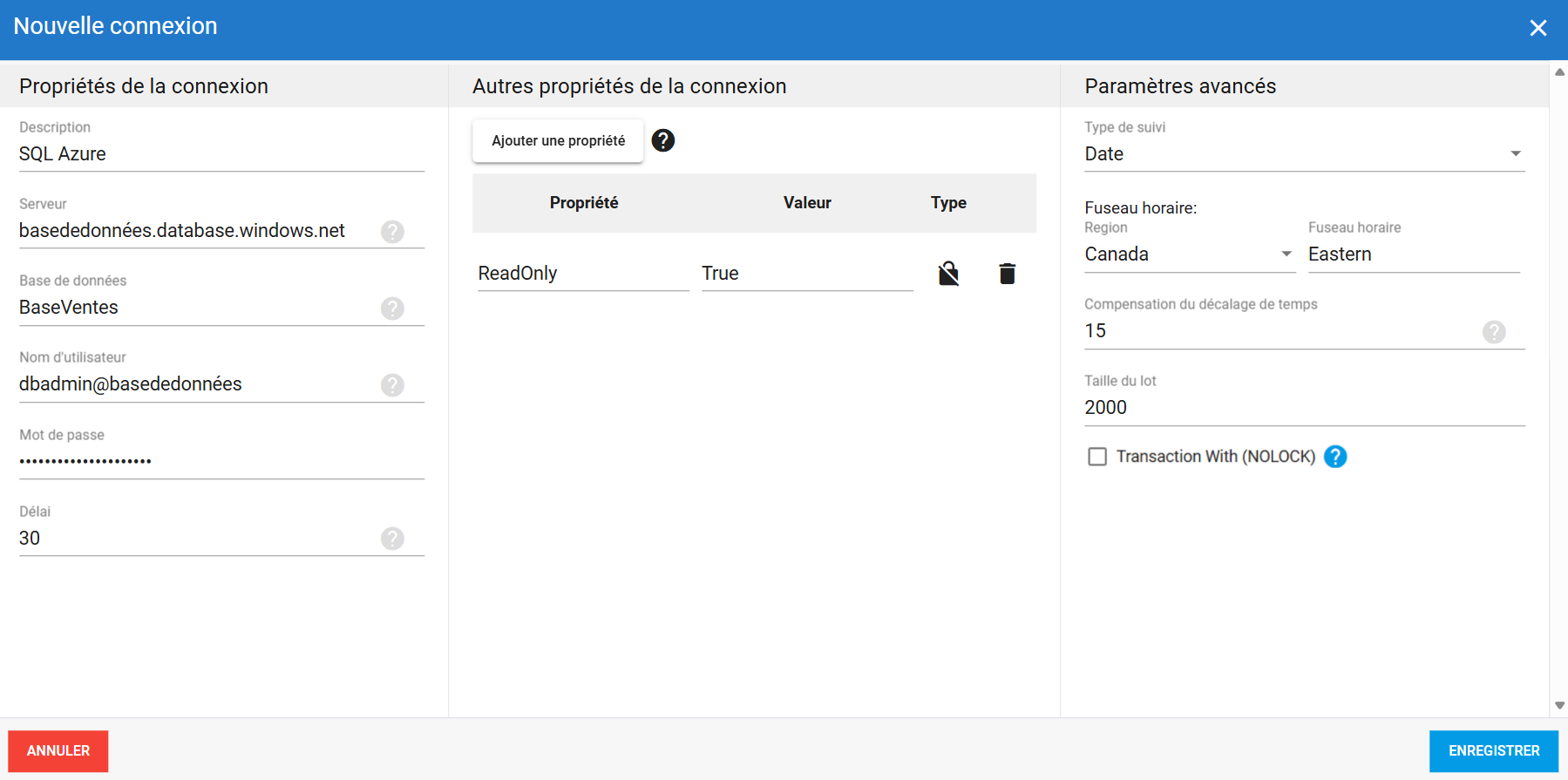 Connexion source SQL Azure dans DataSync