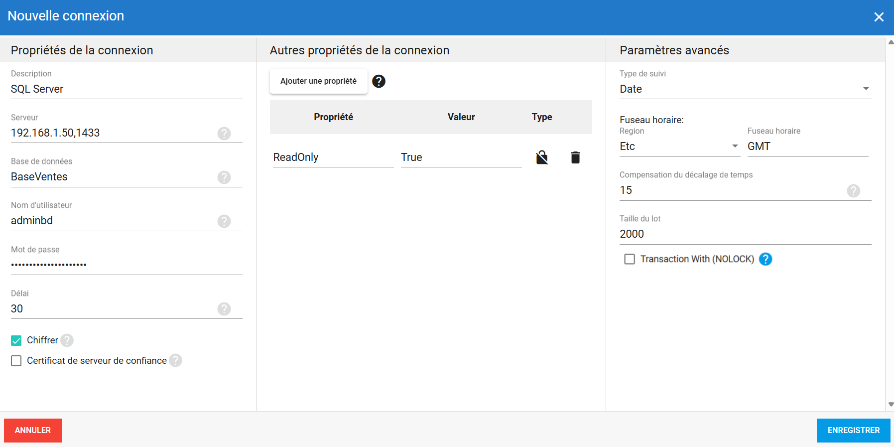 Connexion source SQL Server dans DataSync