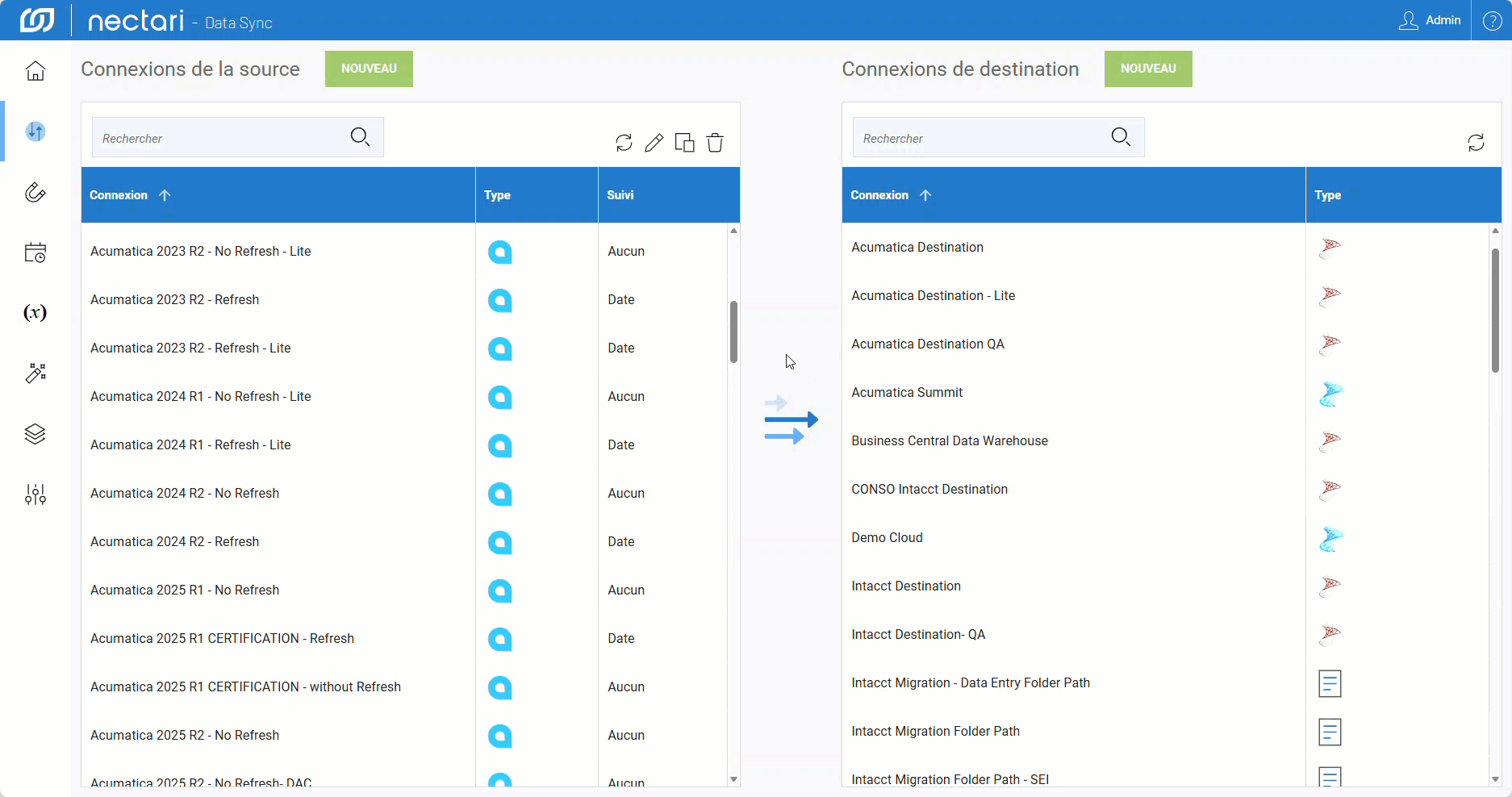 Connexion source ouverte dans le module Connexions, avec le Type de suivi réglé sur Date, une région et un fuseau horaire sélectionnés, une valeur entrée dans Compensation du décalage de temps, puis l'enregistrement