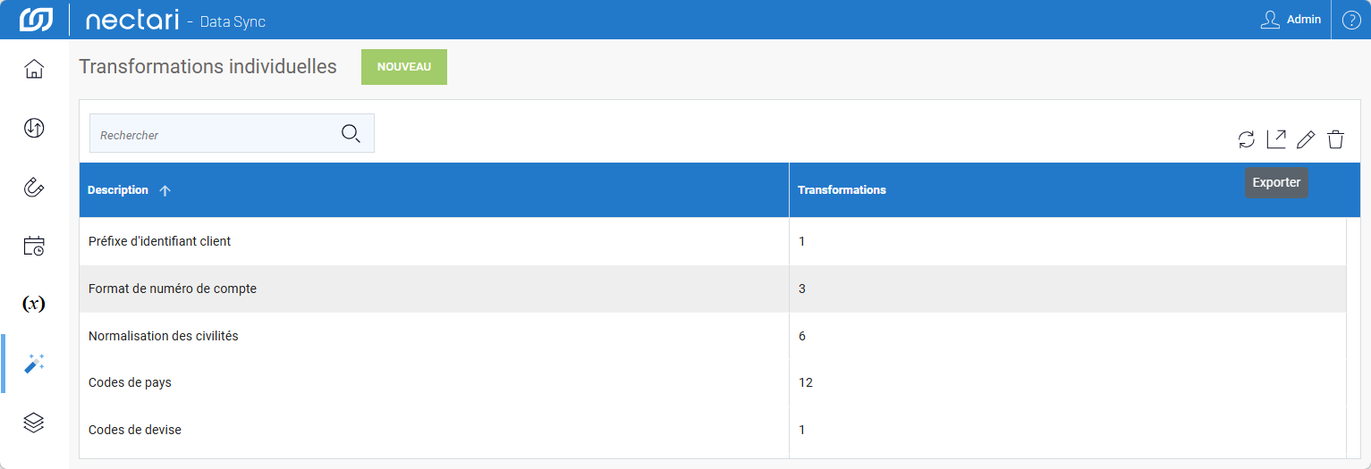 Page Transformations avec l'icône Exporter mise en évidence en haut à droite