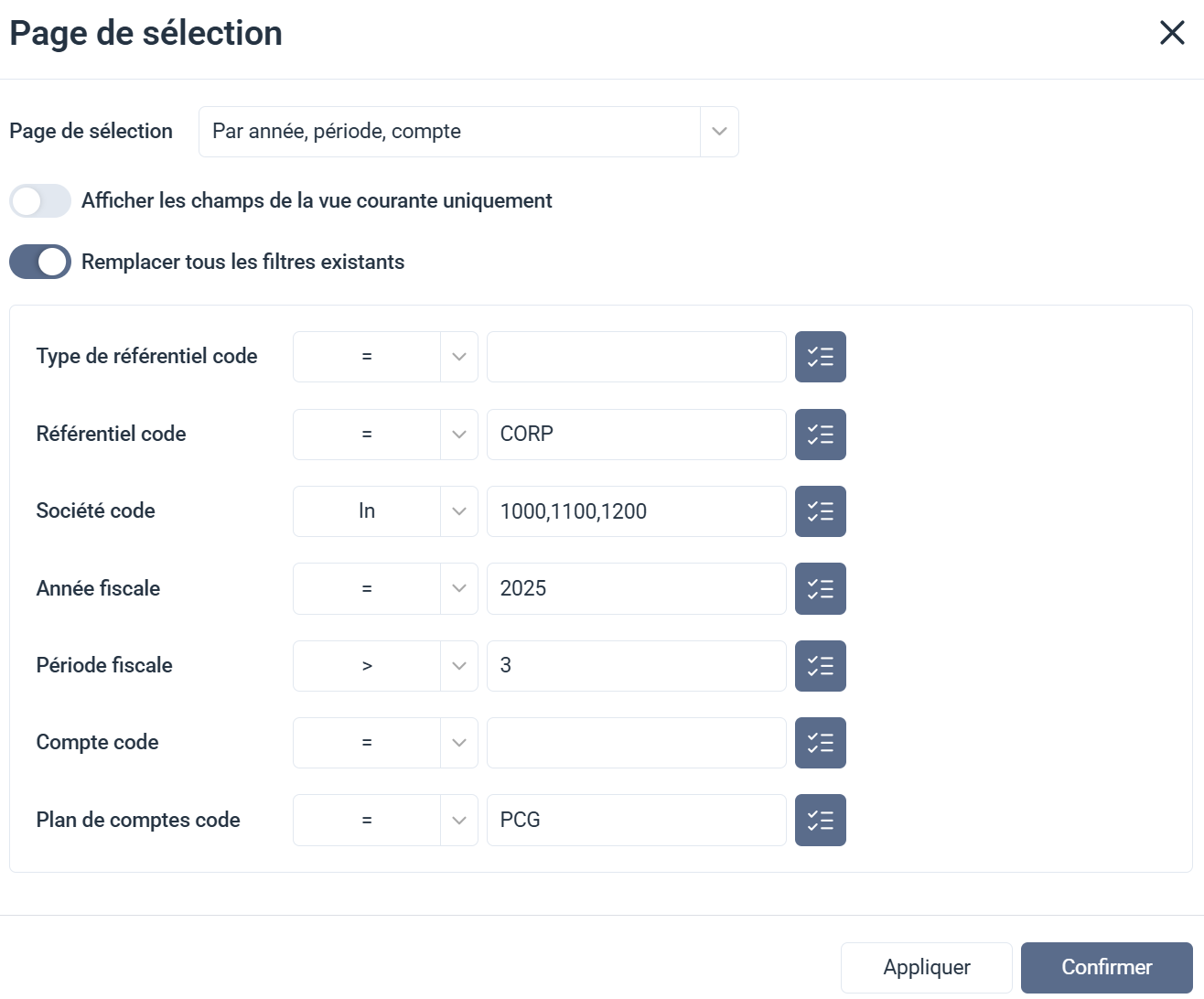 Boîte de dialogue Page de sélection
