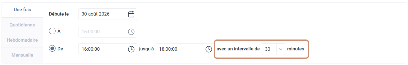 Liste déroulante des minutes avec les huit intervalles disponibles : 1, 2, 5, 10, 15, 20, 30 et 60