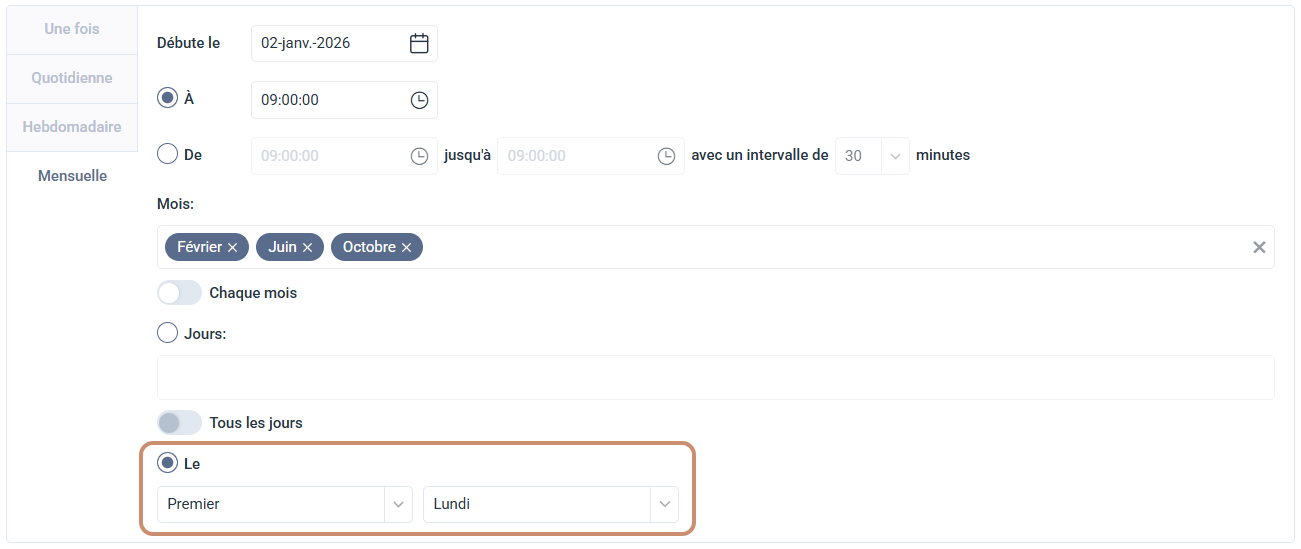 Option Le sous la fréquence Mensuelle, avec un seul rang et un seul jour de la semaine