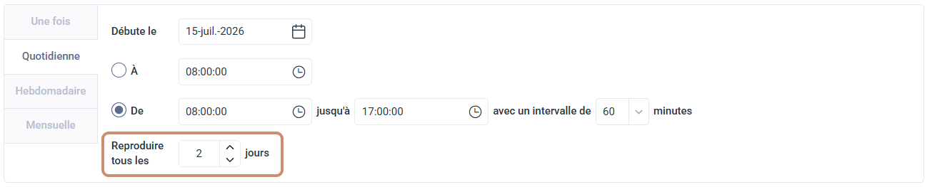 Champ Reproduire tous les x jours sous la fréquence Quotidienne
