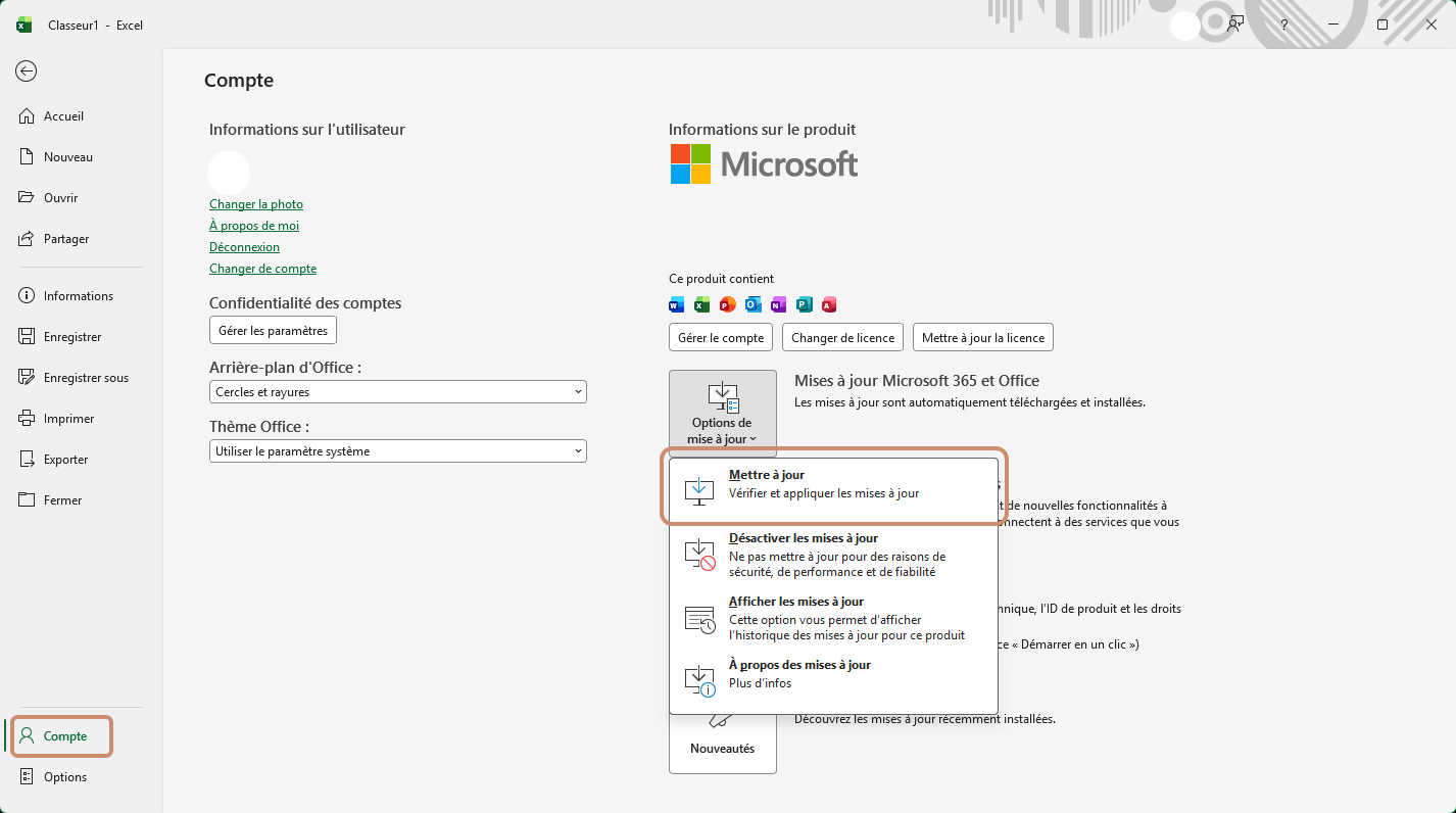 Écran Compte d'Excel avec les Options de mise à jour et le bouton Mettre à jour maintenant