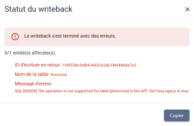 Message d'erreur du writeback signalant une table non compatible et demandant de régler UseLegacy sur true