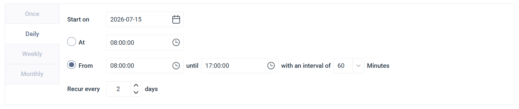 Schedule tab set to Daily, with a delivery range from 12:24:00 to 12:54:00 at a 30 minute interval, recurring every 1 day
