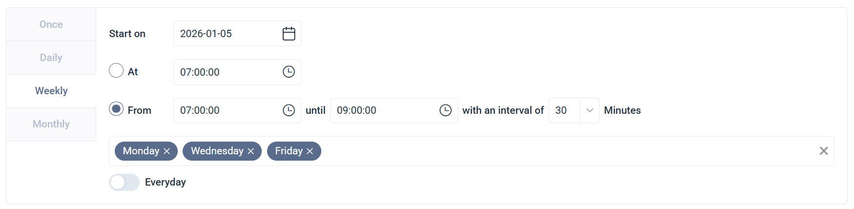 Schedule tab set to Weekly, with every day of the week selected and the Everyday toggle enabled