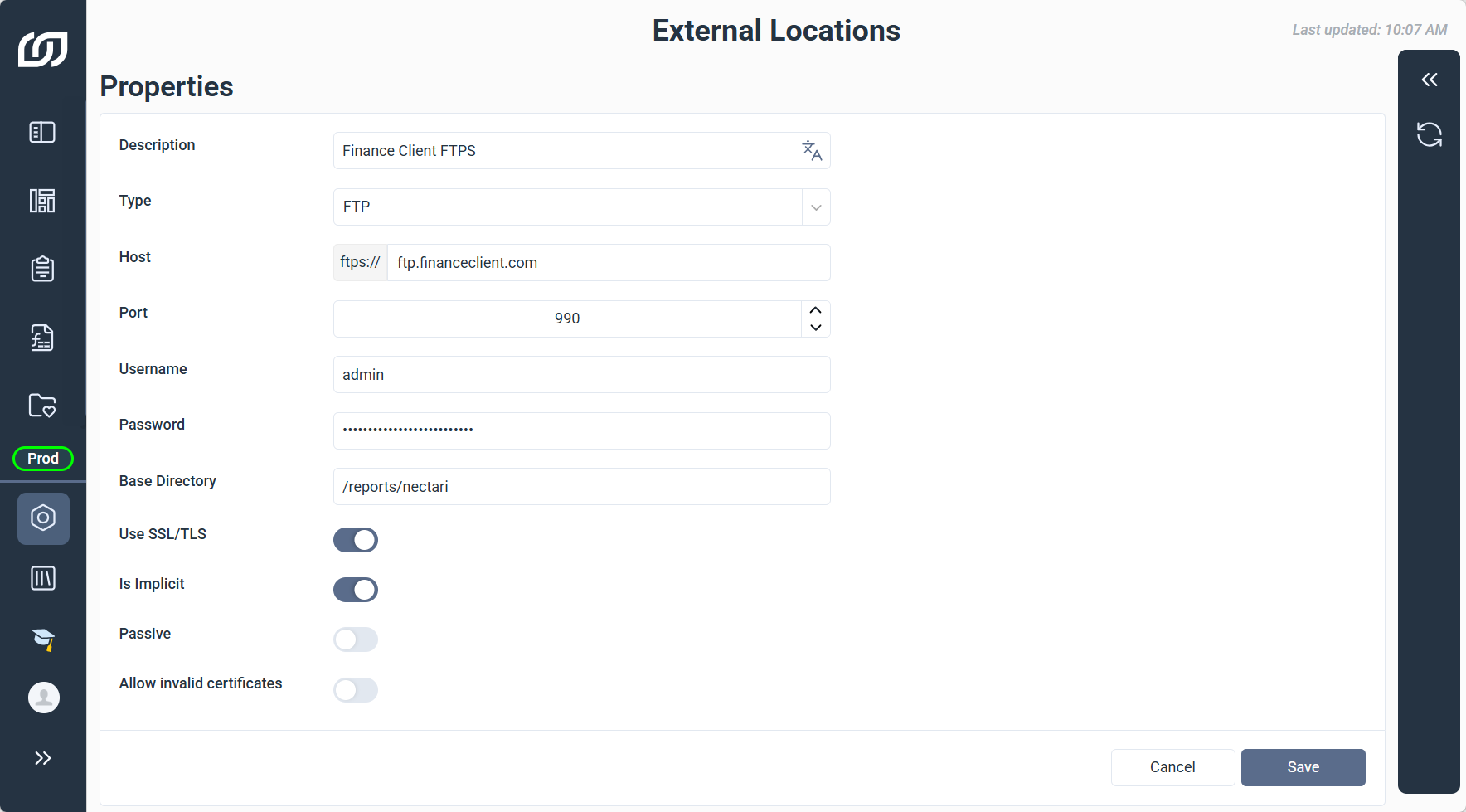 FTP external location properties, including Host, Port, Username, Password, Use SSL/TLS, and Passive Mode