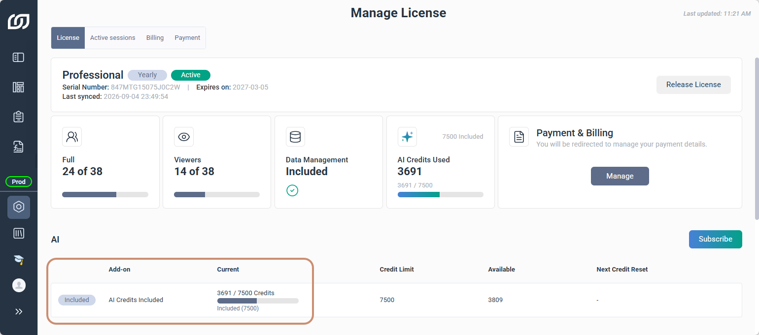 AI section on the Manage License page, showing Curent Credits, Credit Limit, and Next Credit Reset if subscribe
