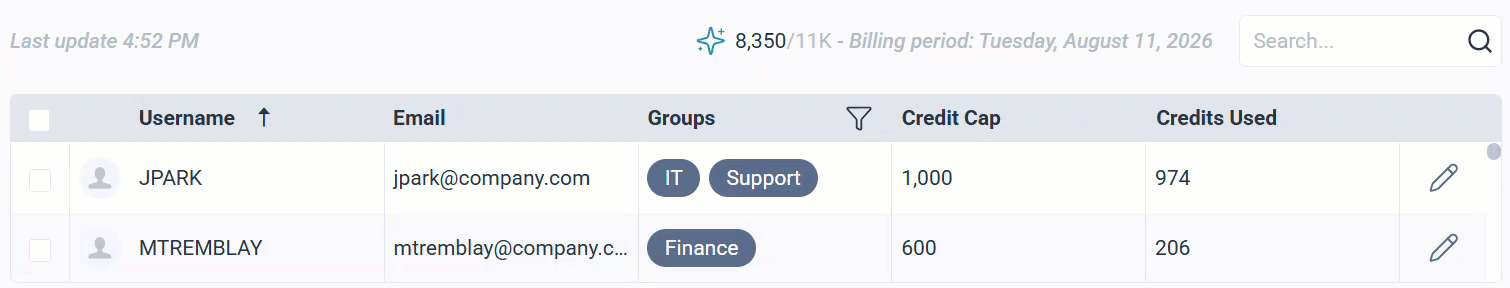 Setting a credit limit for a user in the User Management tab