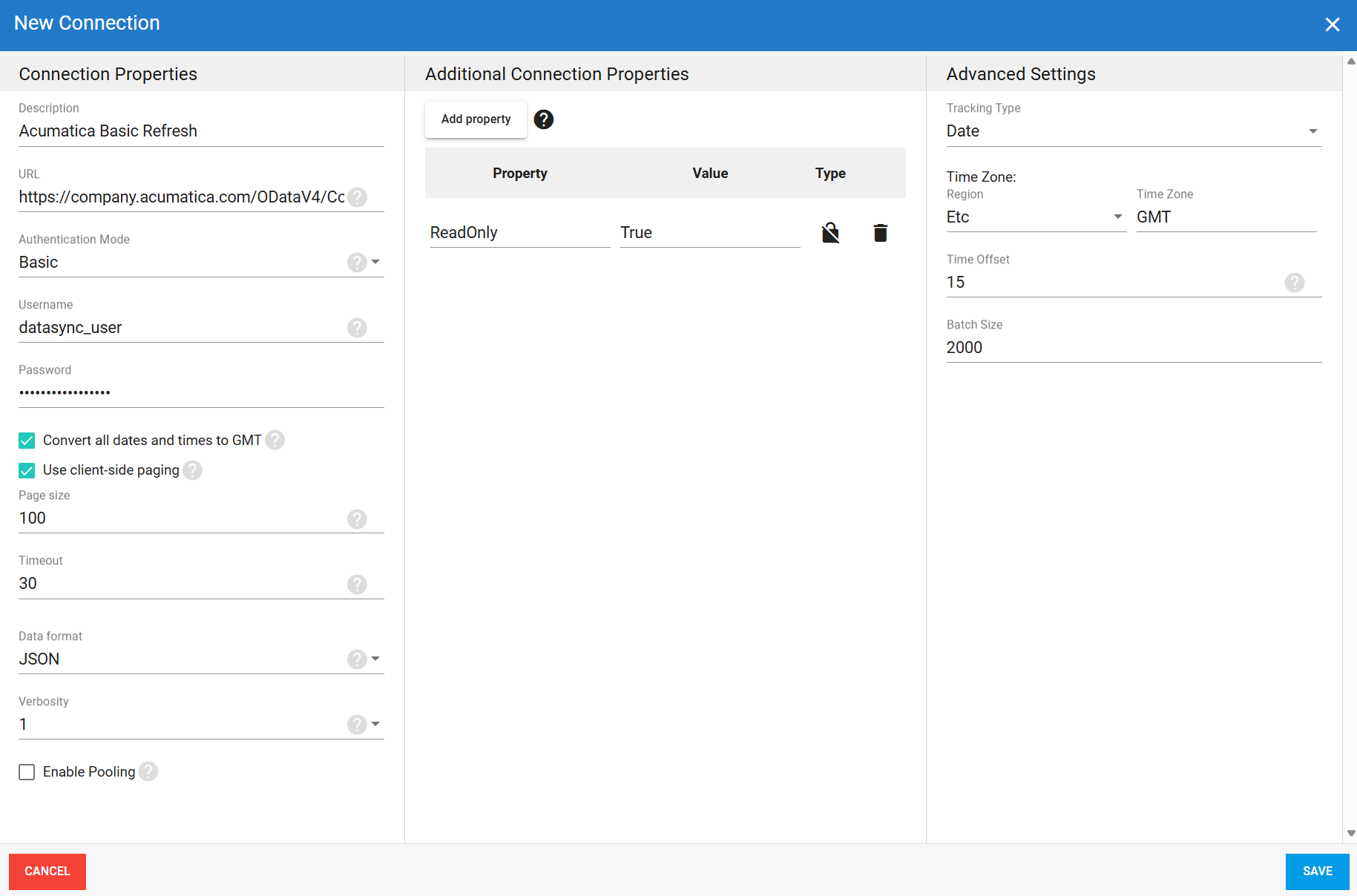 Acumatica Basic authentication source connection in DataSync
