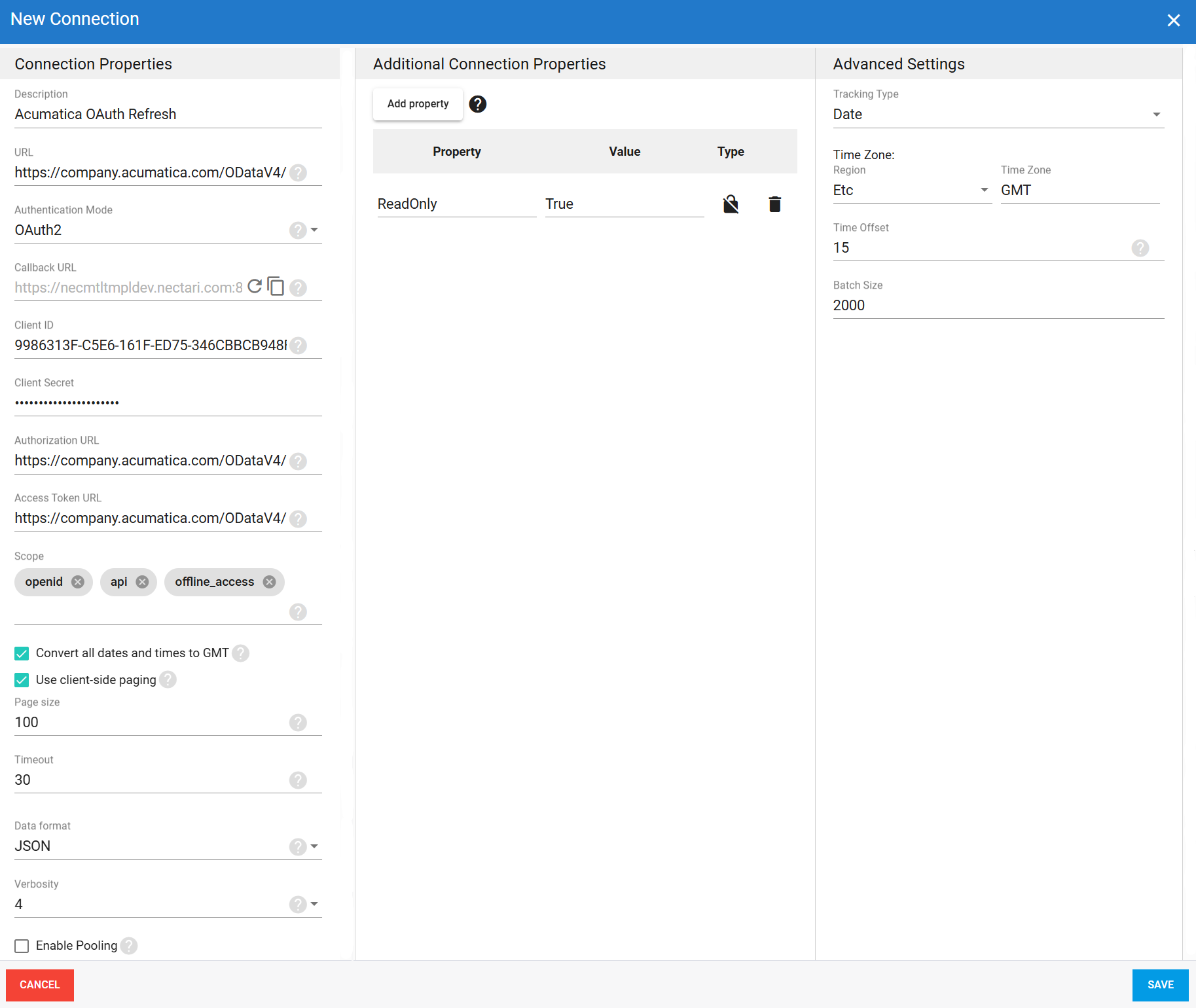 Acumatica OAuth authentication source connection in DataSync