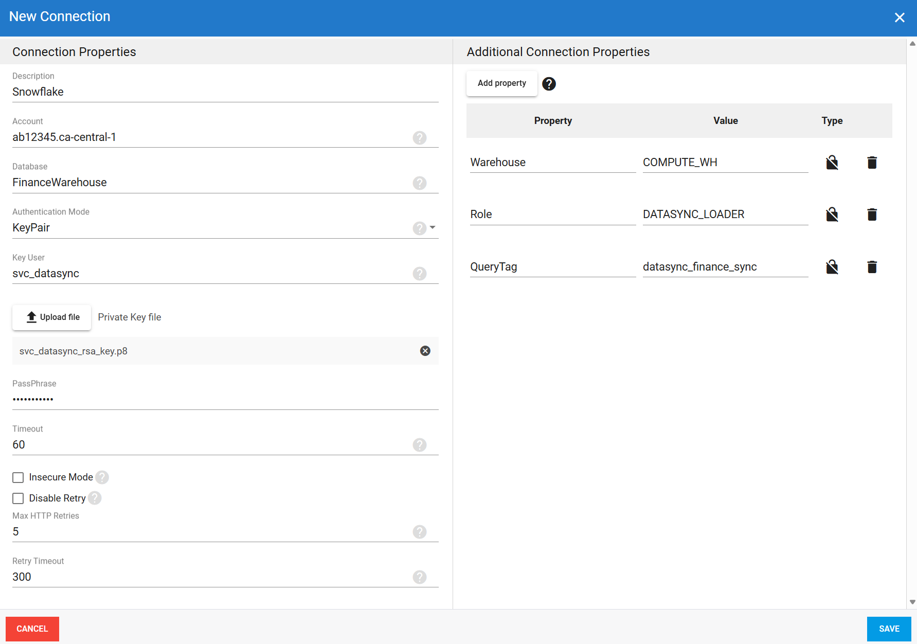 Snowflake key pair authentication destination connection in DataSync
