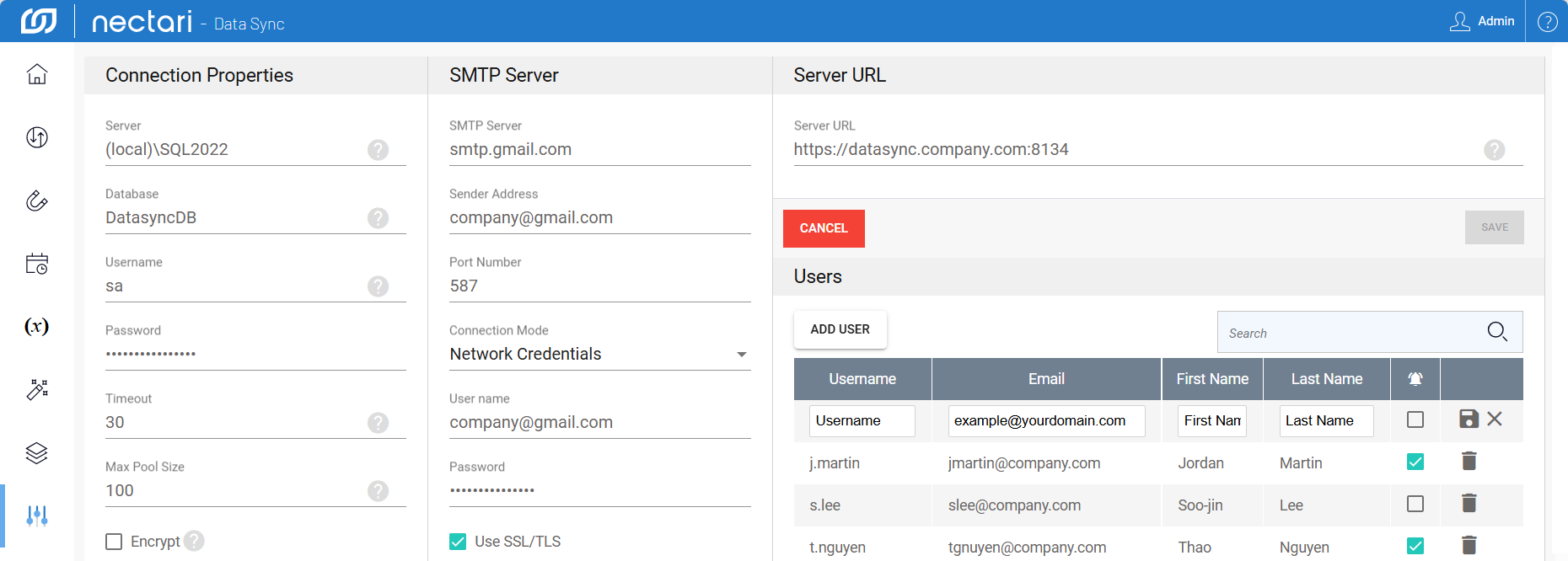 Users panel in the DataSync Settings module with a new user row showing fields for username, email address, first name, and last name, the notification bell, and the save icon
