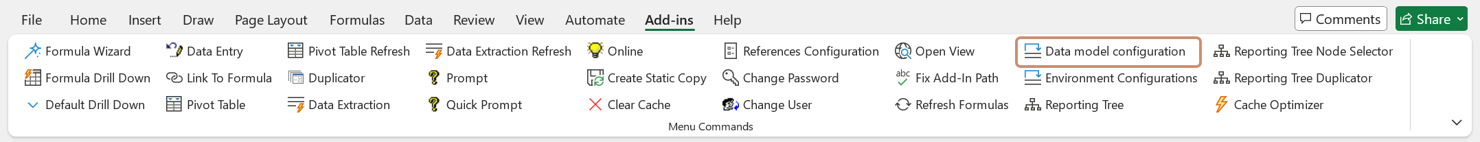 Excel Add-in Data Model Configuration