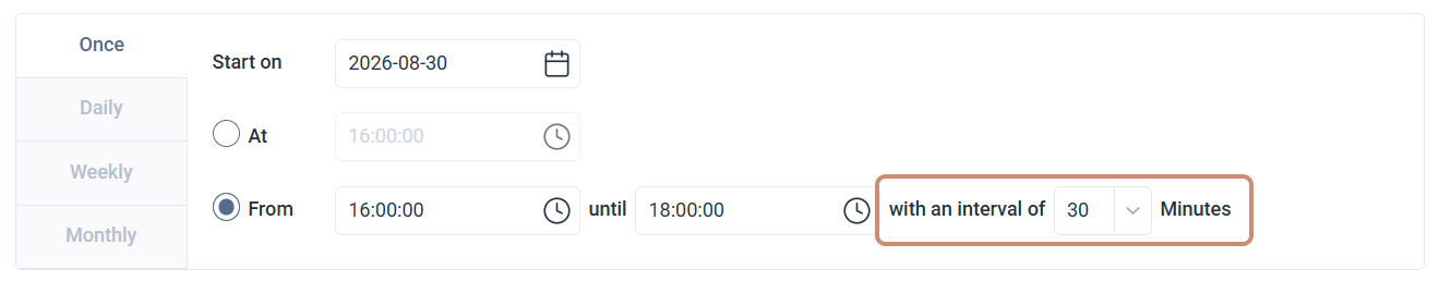 Minutes dropdown showing the eigth available intervals: 1, 2, 5, 10, 15, 20, 30, and 60