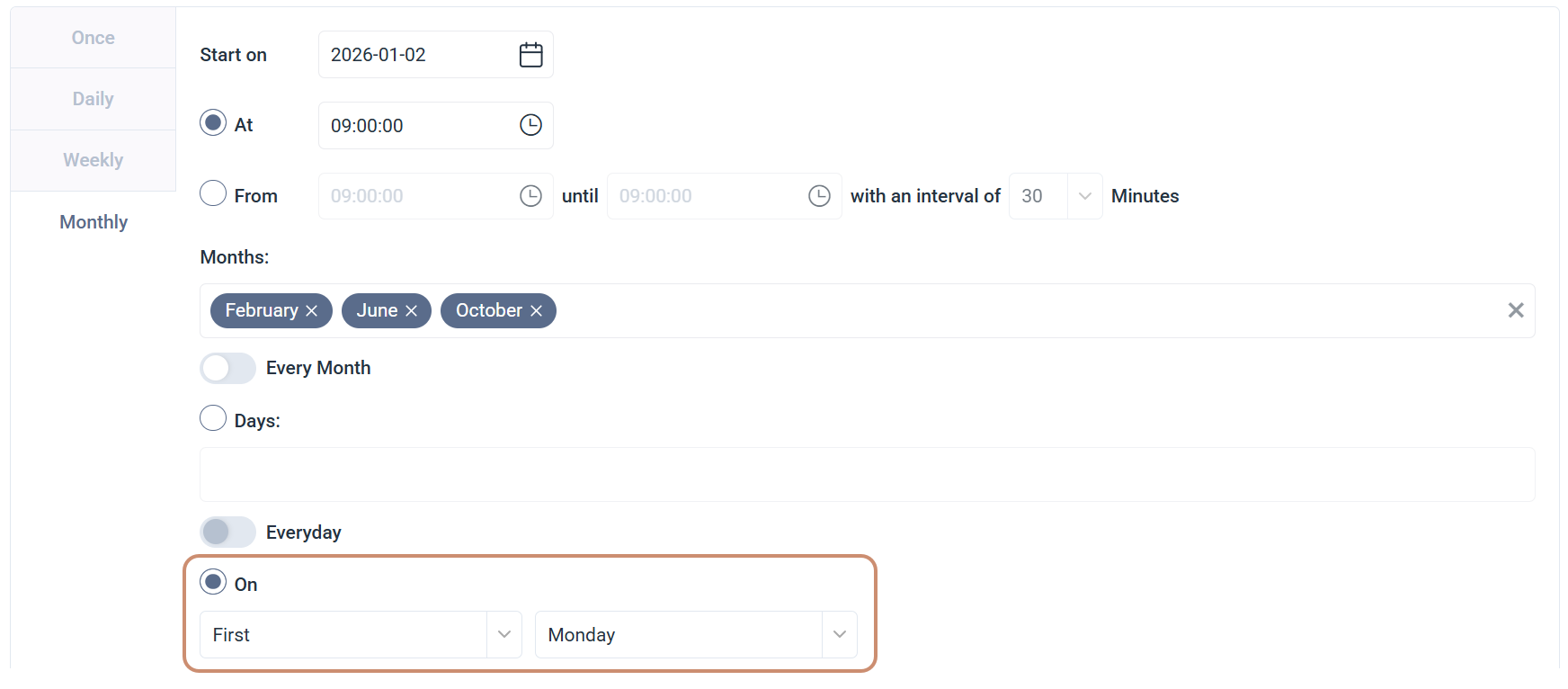 On option under Monthly, showing a single ordinal and weekday selection