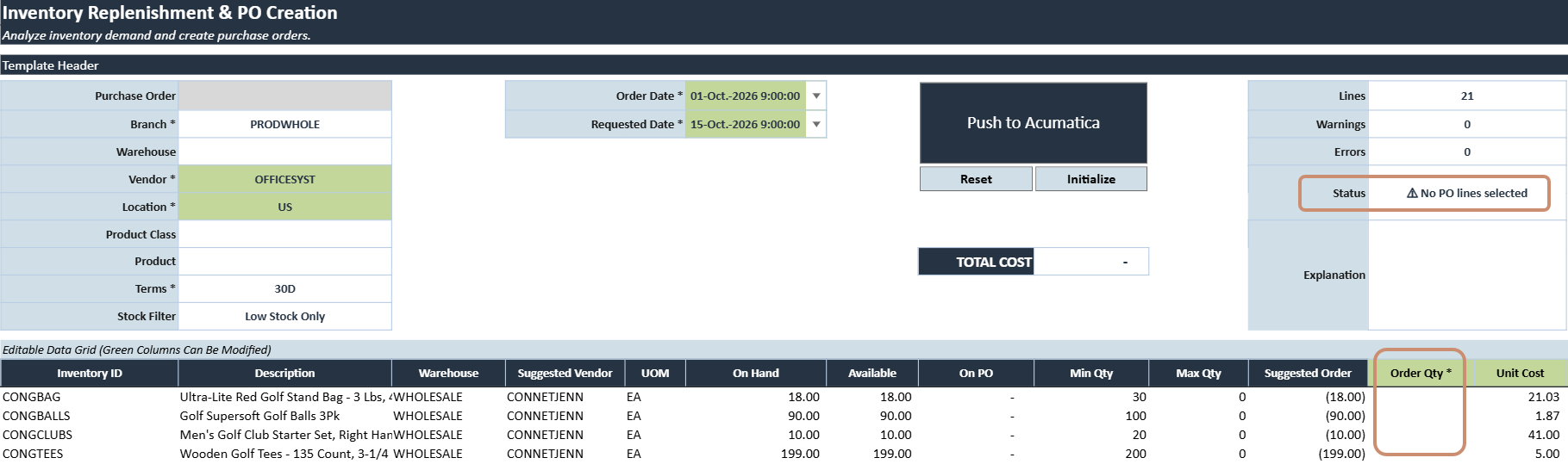 Validation summary of the Inventory Replenishment & PO Creation Writeback template, showing the Lines count, Warnings, Errors, Status, and Total Cost
