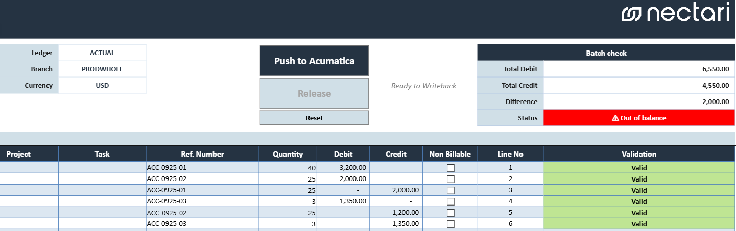 Batch Check table of the Journal Entry Writeback template, showing matching Total Debit and Total Credit values and the OK – Balanced status