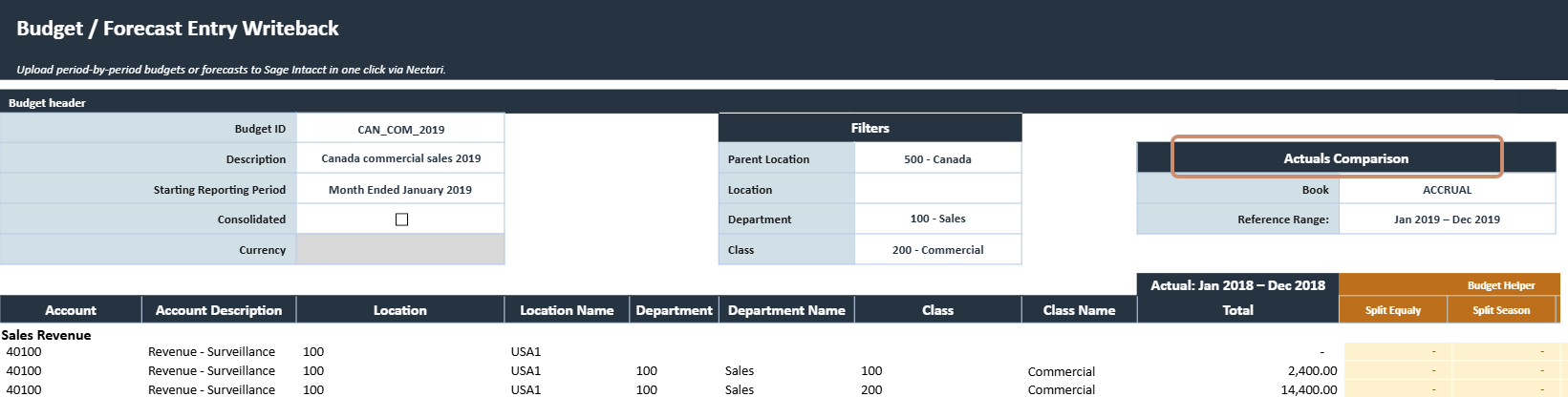 Actual comparison fields of the Annual Budget Writeback template for Sage Intacct, showing the Book and the Reference Range set from the Starting Reporting Period
