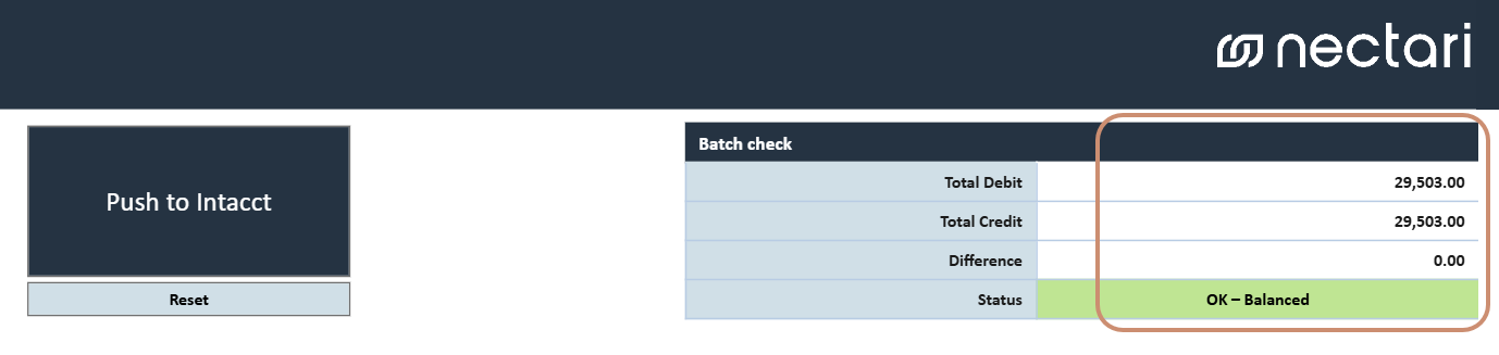 Journal Entry template with balanced debit and credit totals in the Batch Check table