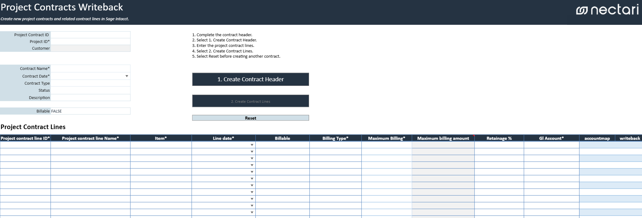 Project Contract Creation with the contract header and project contract lines grid