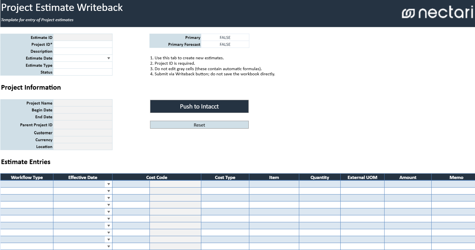Project Estimate Writeback with the estimate header, project information, and estimate grid