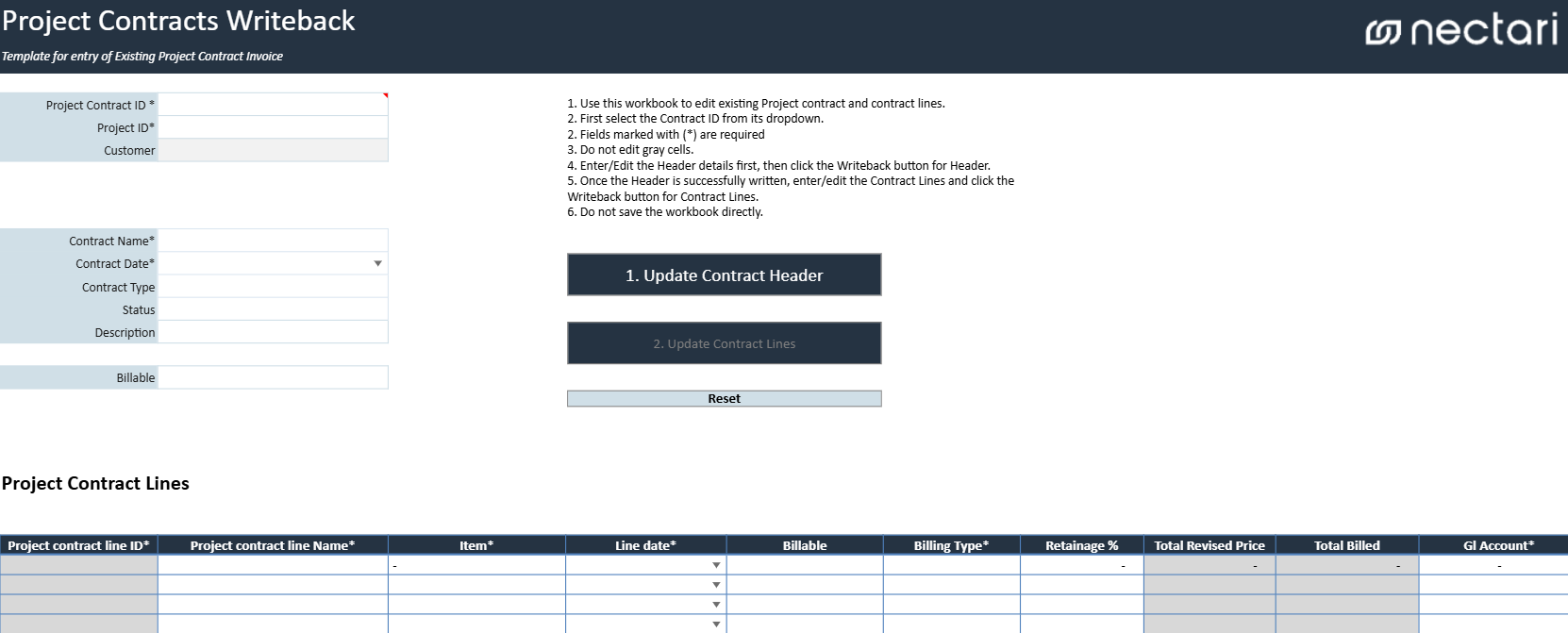 Update Existing Project Contracts with the contract header and contract lines loaded for an existing contract