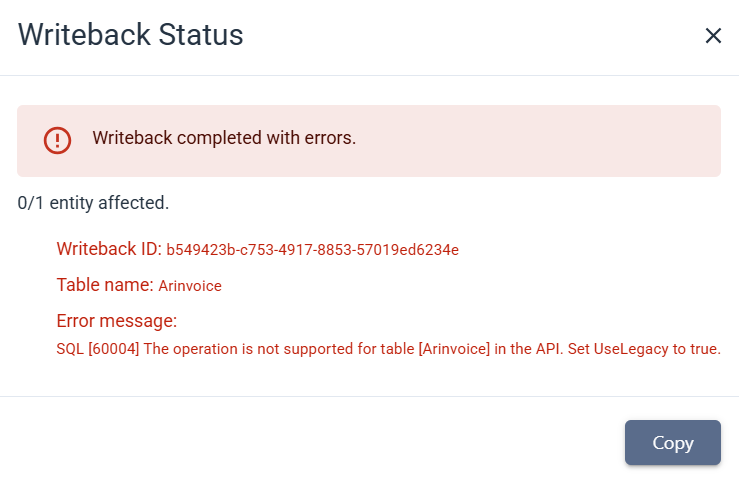 Writeback error message reporting an unsupported table and asking for UseLegacy to be set to true